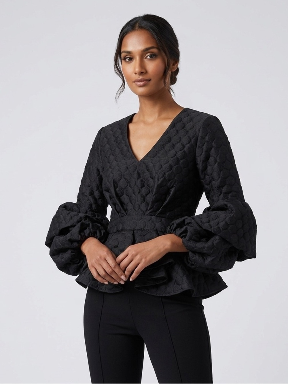 Johanna Ortiz Maia Elegant Chic Black Jacquard Peplum Puff Sleeve Top Size XS